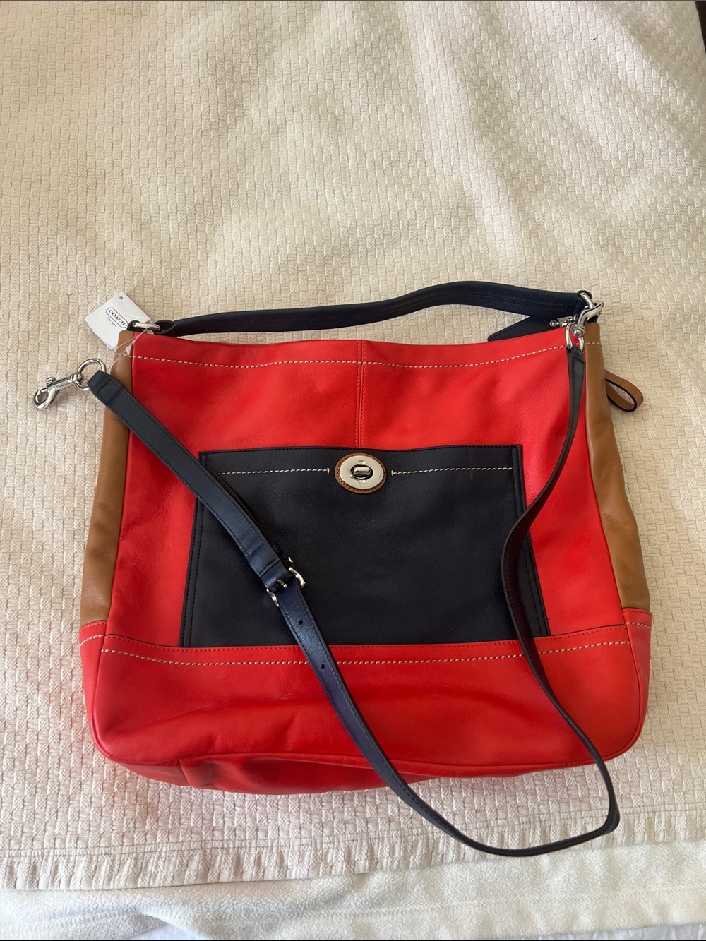 Coach Red, Navy & Tan Leather Shoulder Bag